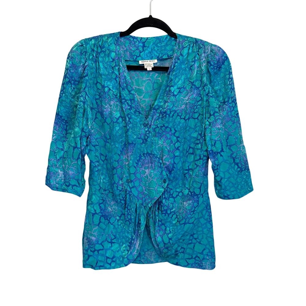 Vintage Nora Noh Blouse 6 Teal Silk Abstract Maximalist Eclectic Kaleidoscope